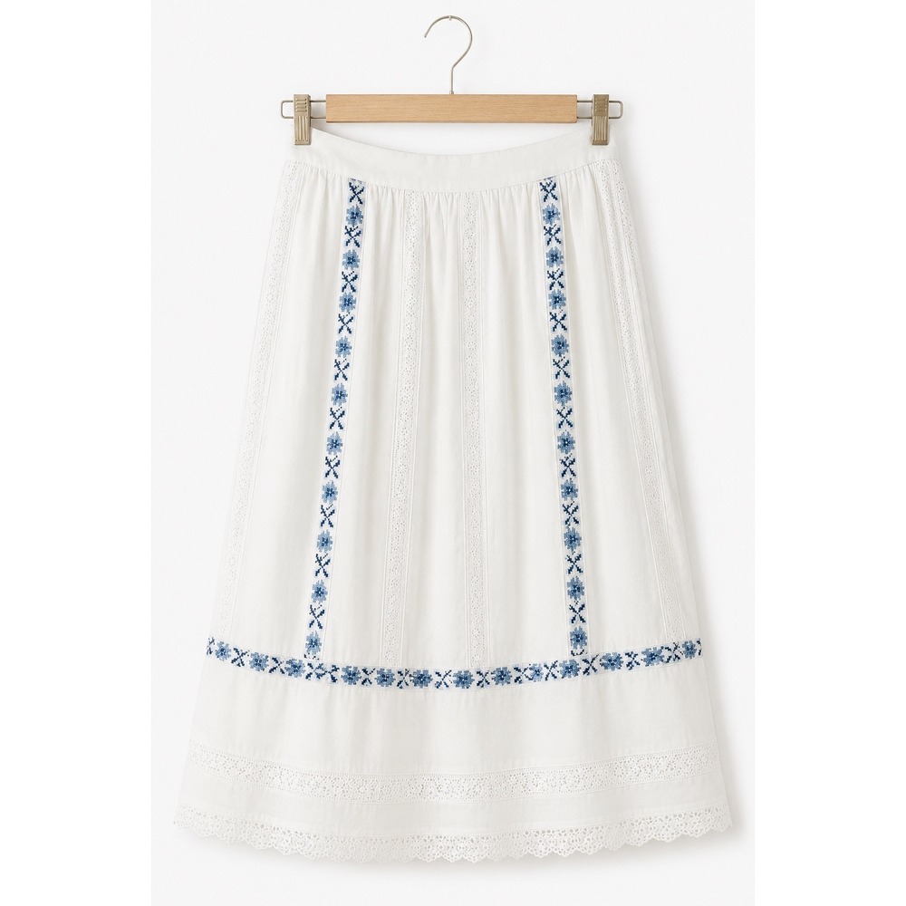 Caroline Constas White Linen Embroidered Eyelet Midi Skirt Blue Cross Stitch S